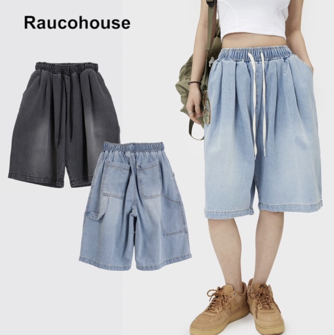 韓國 Raucohouse 抽繩淺水洗寬口畫家牛仔短褲 抽繩 短褲 牛仔褲 牛仔短褲