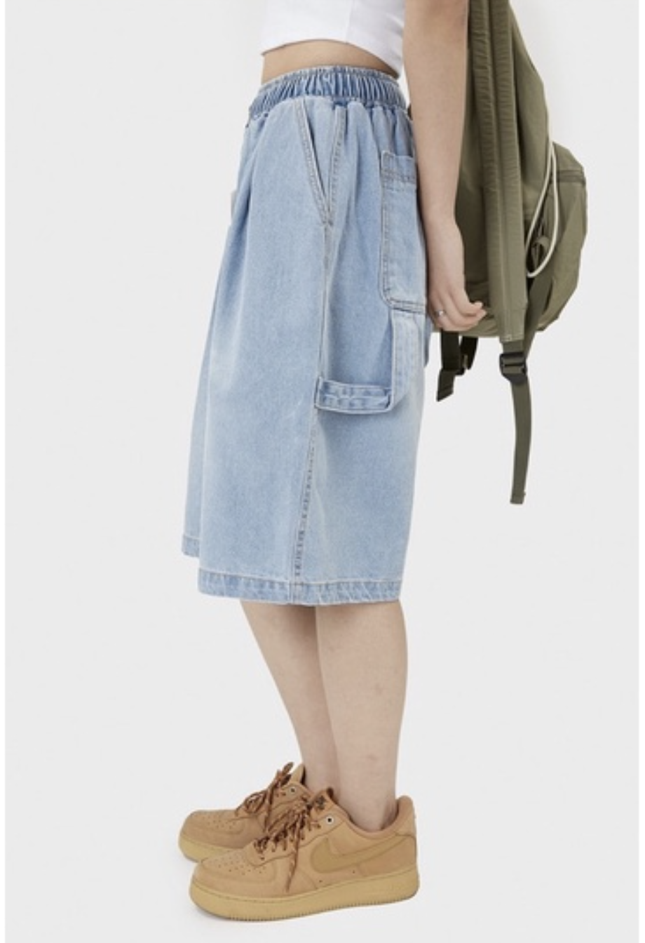 韓國 Raucohouse 抽繩淺水洗寬口畫家牛仔短褲 抽繩 短褲 牛仔褲 牛仔短褲