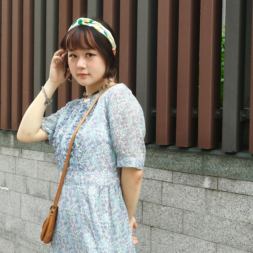 紫藍色碎花古著連身裙