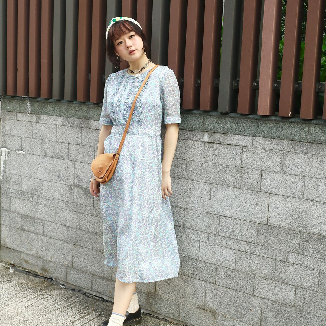 紫藍色碎花古著連身裙