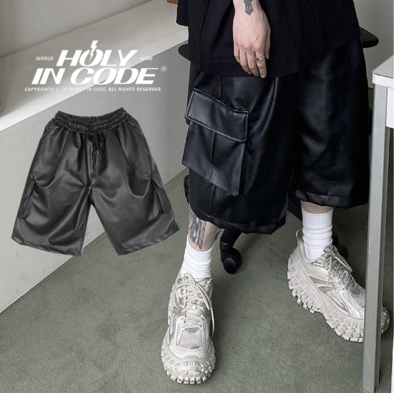 🇰🇷韓國 HOLYINCODE 側口袋皮革短褲 短褲 皮短褲 皮革 休閒