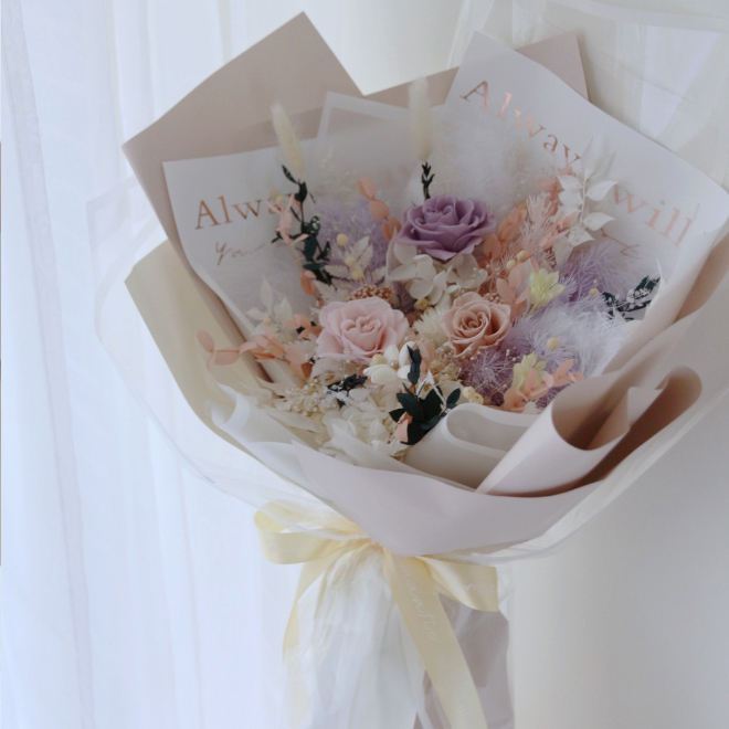 美到窒息的愛系列花束＿粉紫玫瑰永生花束