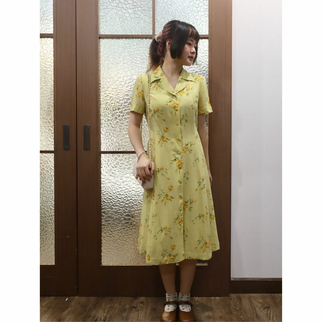 日本製淡綠色黃花連身裙