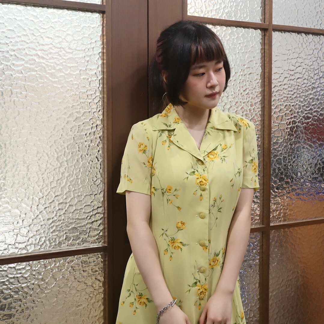 日本製淡綠色黃花連身裙