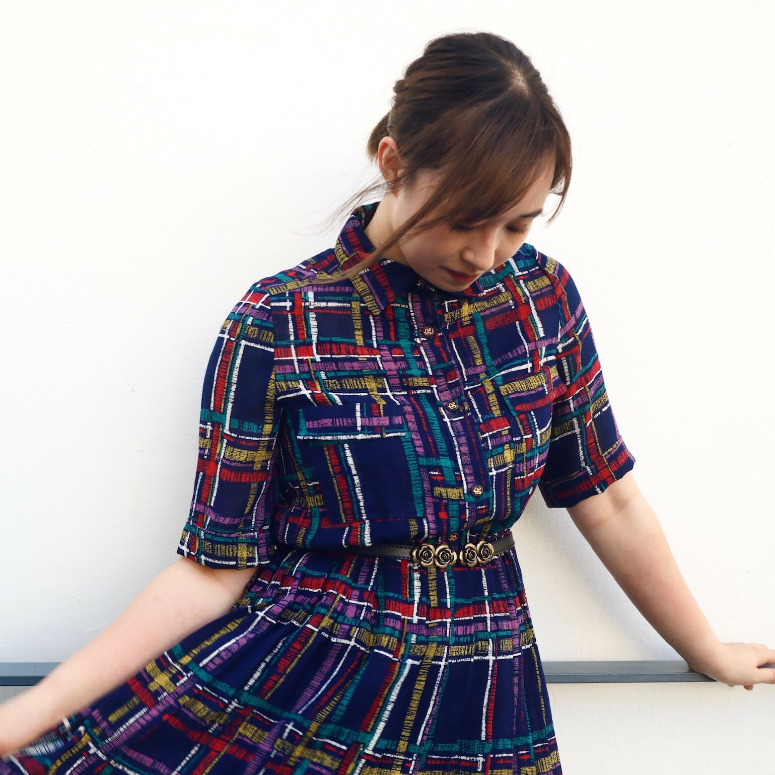 日本製藍色格紋古著連身裙