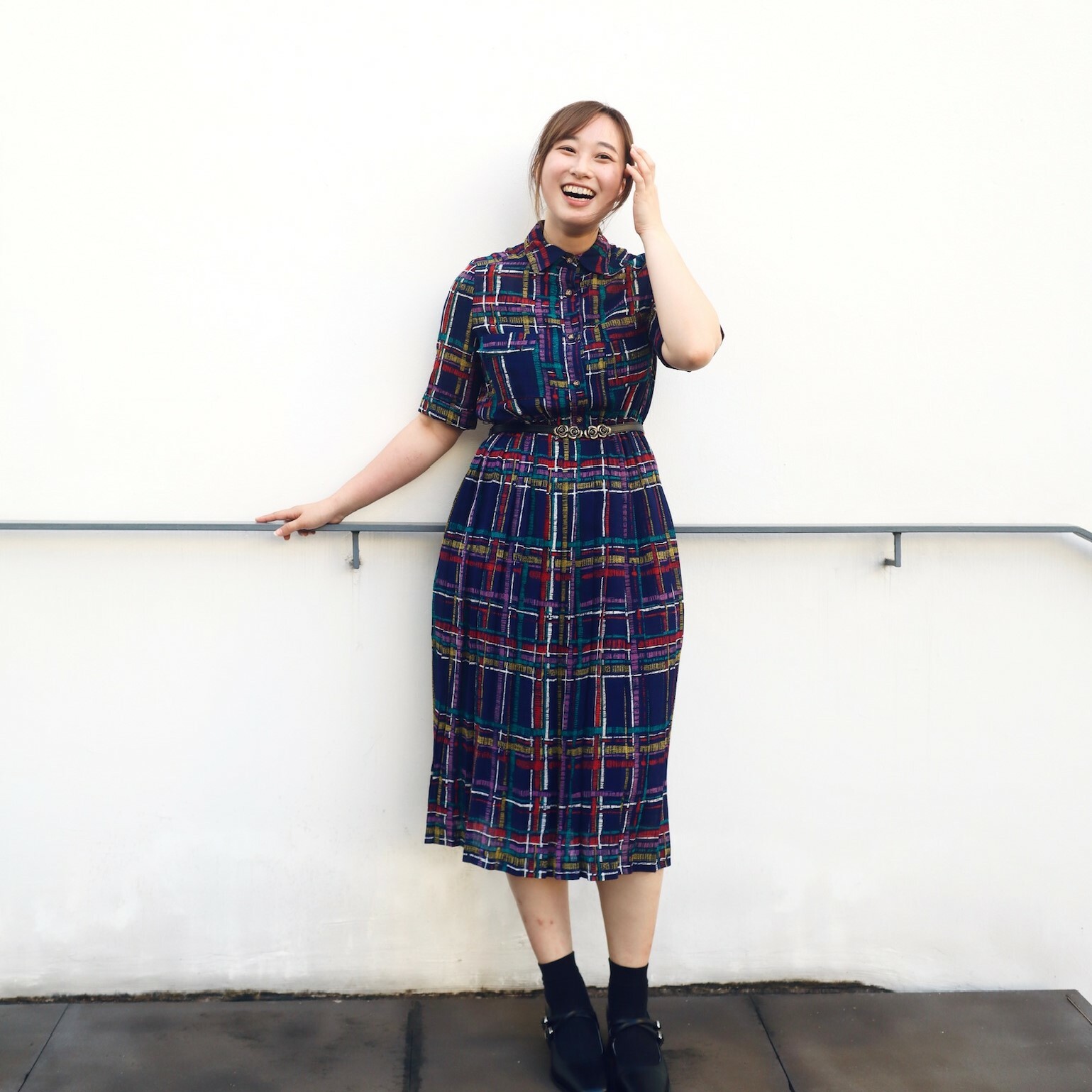 日本製藍色格紋古著連身裙