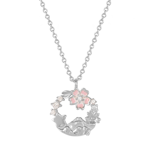純銀項鍊，女士項鍊 富士山櫻花；鏤空設計展現獨特的藝術感（3518銀色）