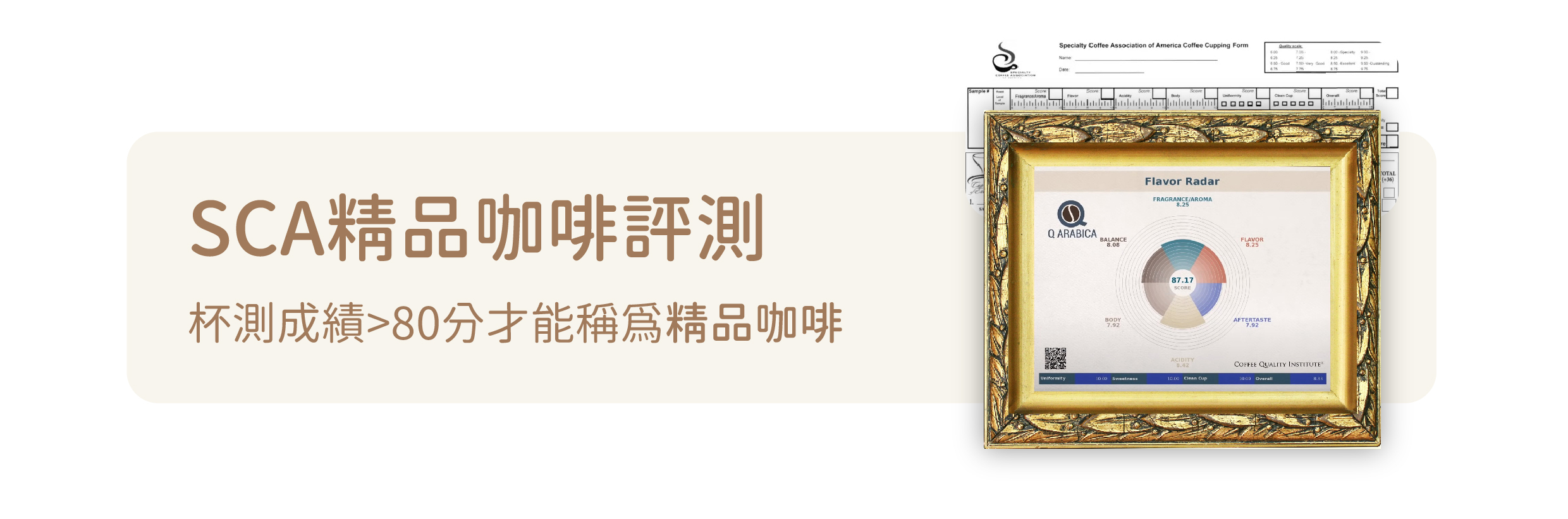 SCA精品咖啡評測，杯測成績>80分以上才能稱為精品咖啡。