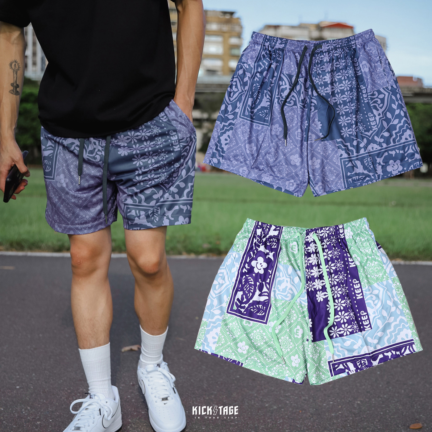 [5折售出無退換]#KEEP FLORAL PACK SHORTS 藍紫綠 漸層紫 剪紙窗花 撞色 內網眼 抽繩短褲 籃球褲 球褲 成人【KS166】ABshorts
