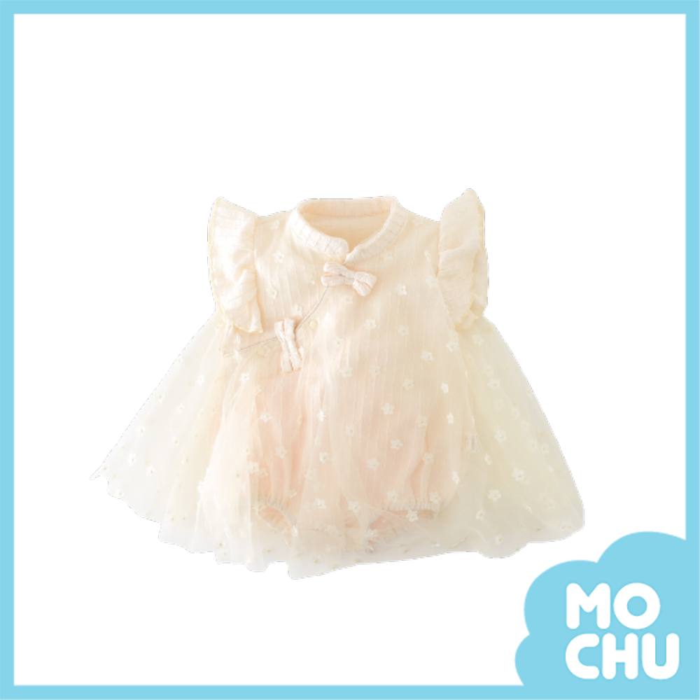 米色網紗花朵旗袍領包屁衣