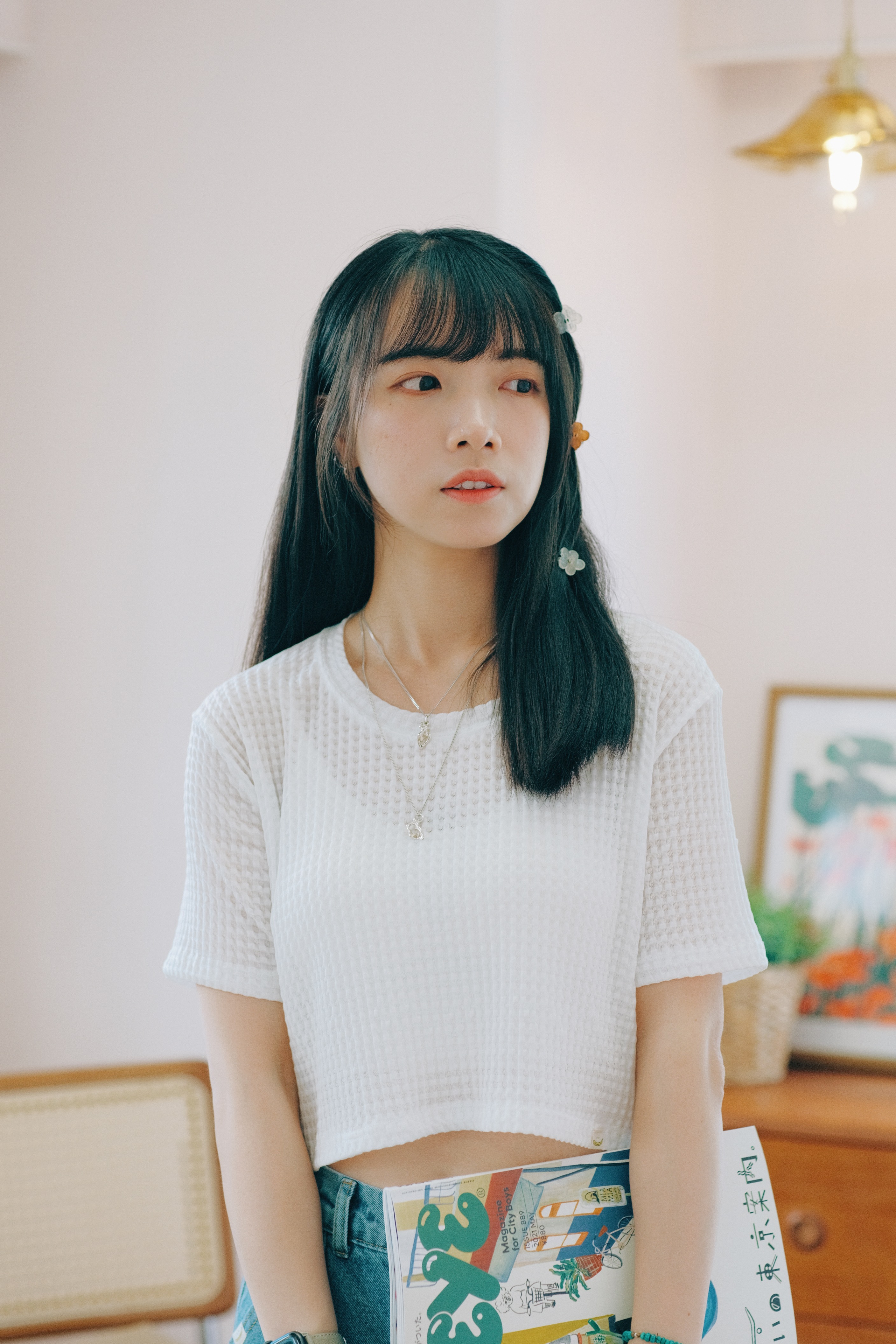 兩色／透明細格子短袖上衣／Sheer Plaid Top