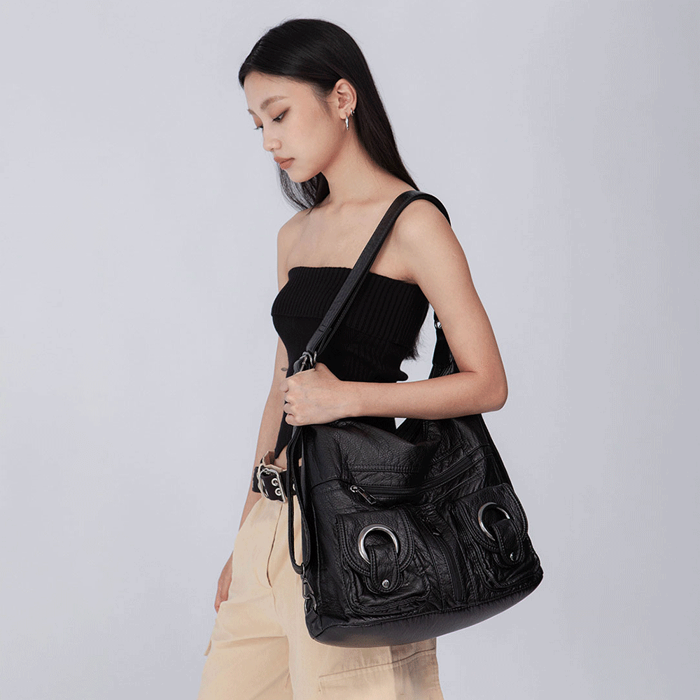 金屬扣皮革雙肩包