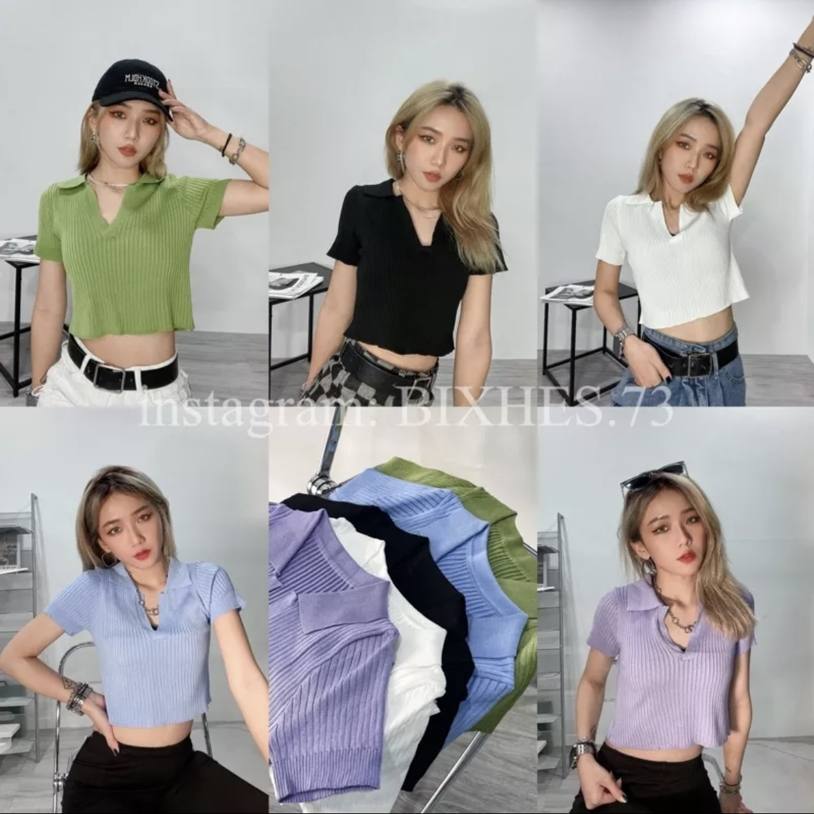 polo領針織短版上衣(A00035)