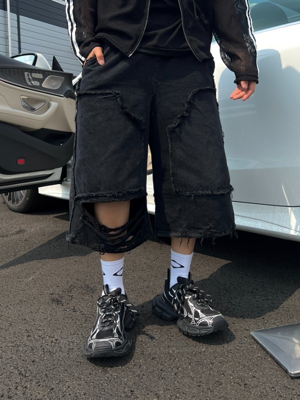 髒復古黑色鬆緊帶短褲