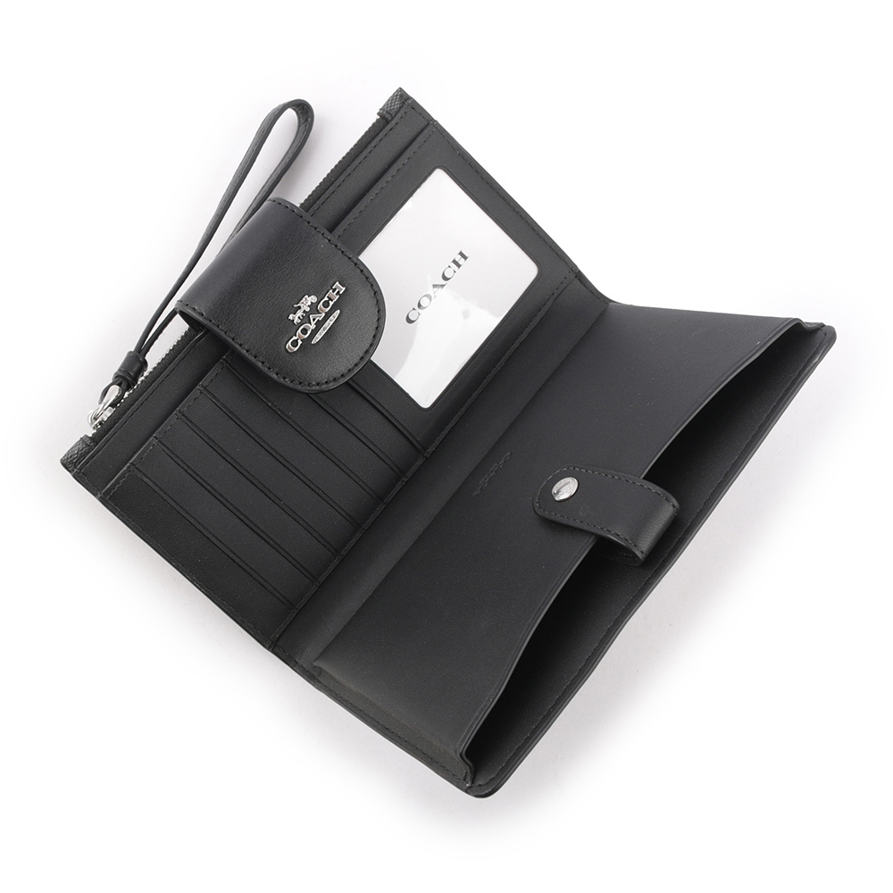 【COACH】PVC皮革馬車Logo壓釦中夾(附提把)(石墨黑) C2874 SVTSQ