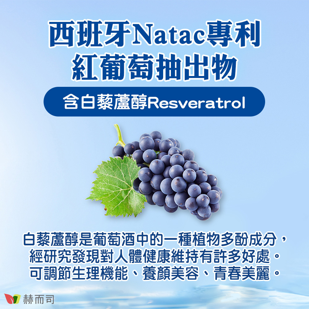 添加西班牙Natac專利紅葡萄抽出物，含白藜蘆醇Resvertrol！白藜蘆醇是葡萄酒中的一種植物多酚成分，經研究發現對人體健康維持有許多好處。可調節生理機能、養顏美容、青春美麗。