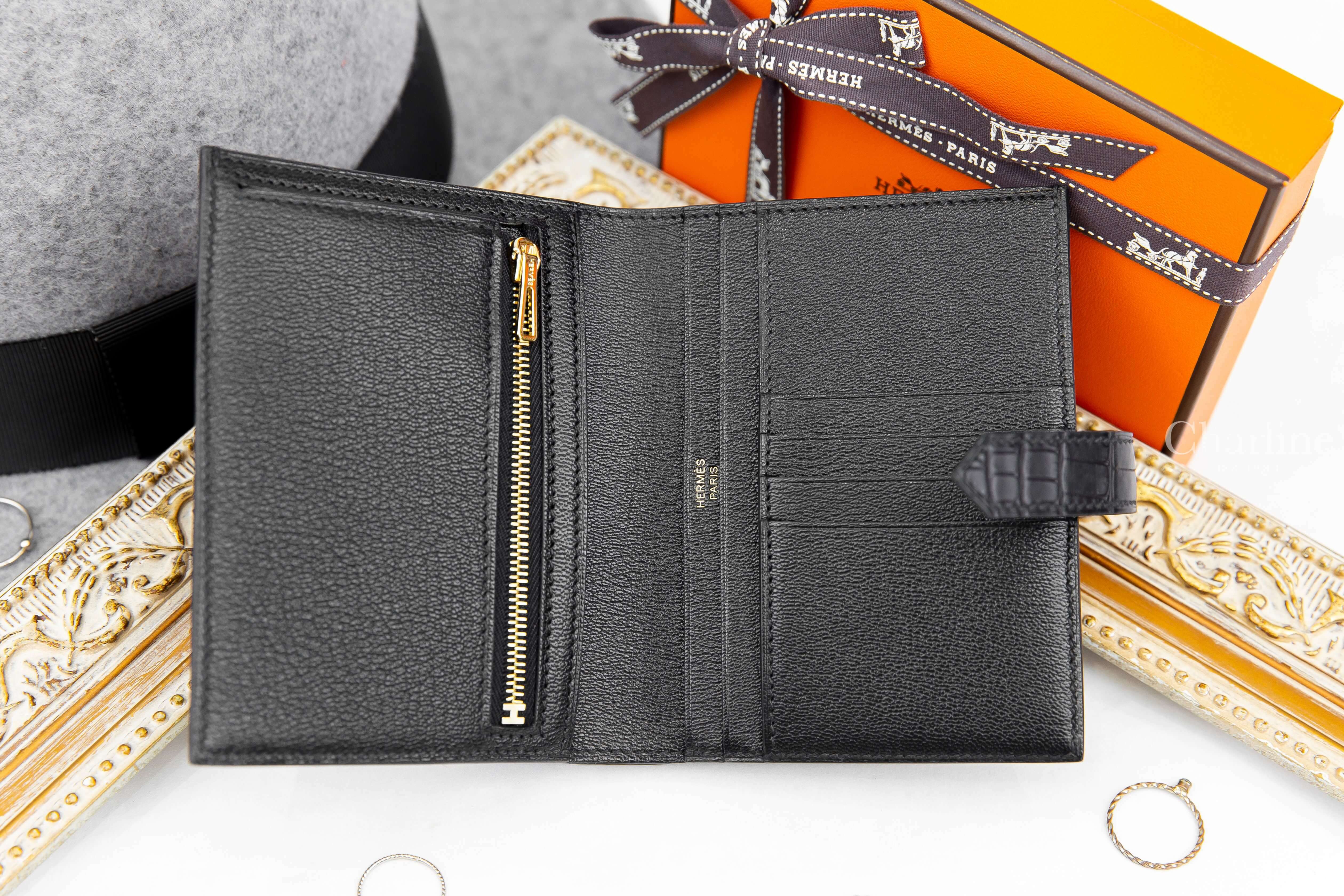 Hermès Bearn Wallet 89 Noir B刻黑色霧面方塊鱷魚金釦短夾-Charline Boutique 精品代購