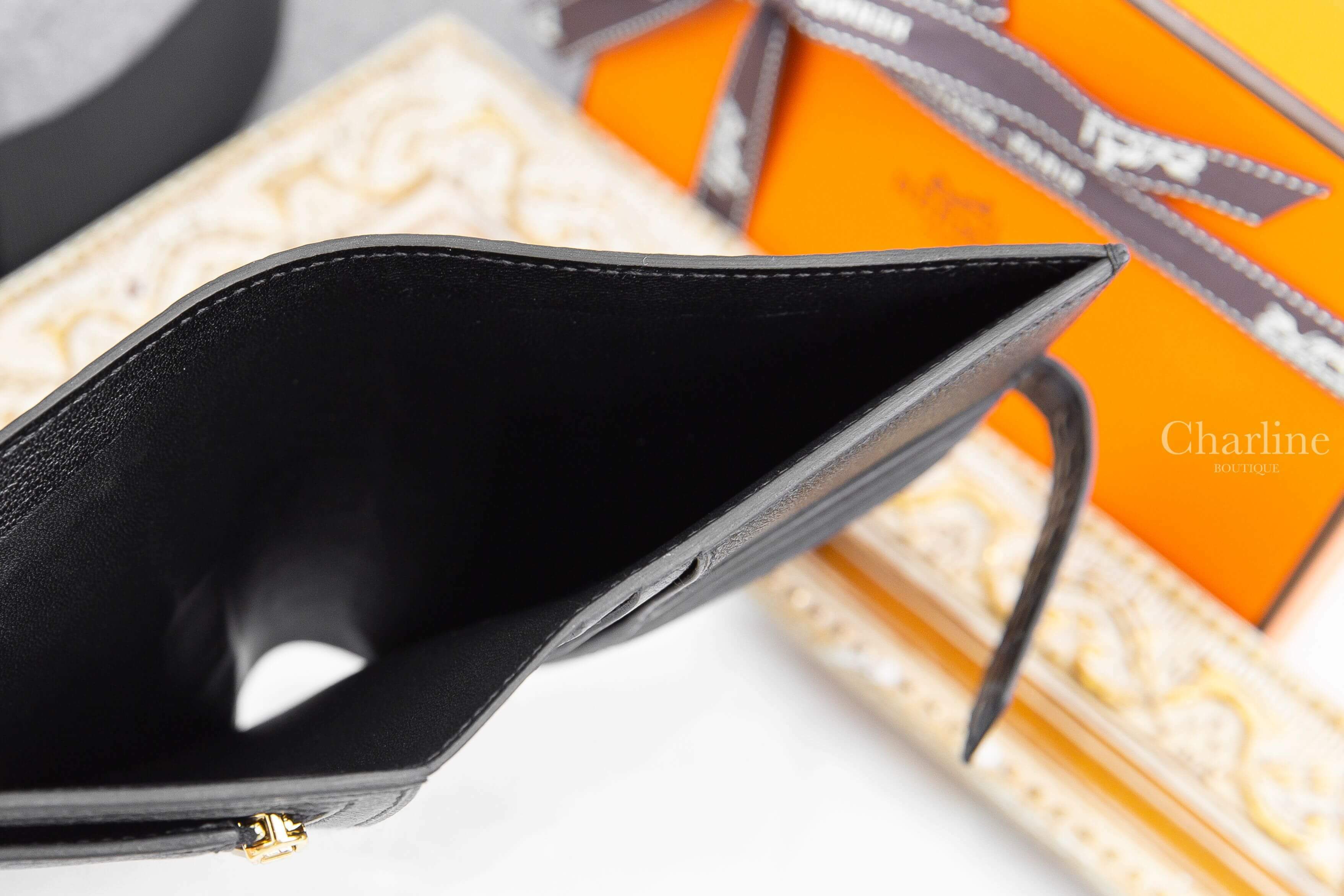 Hermès Bearn Wallet 89 Noir B刻黑色霧面方塊鱷魚金釦短夾-Charline Boutique 精品代購