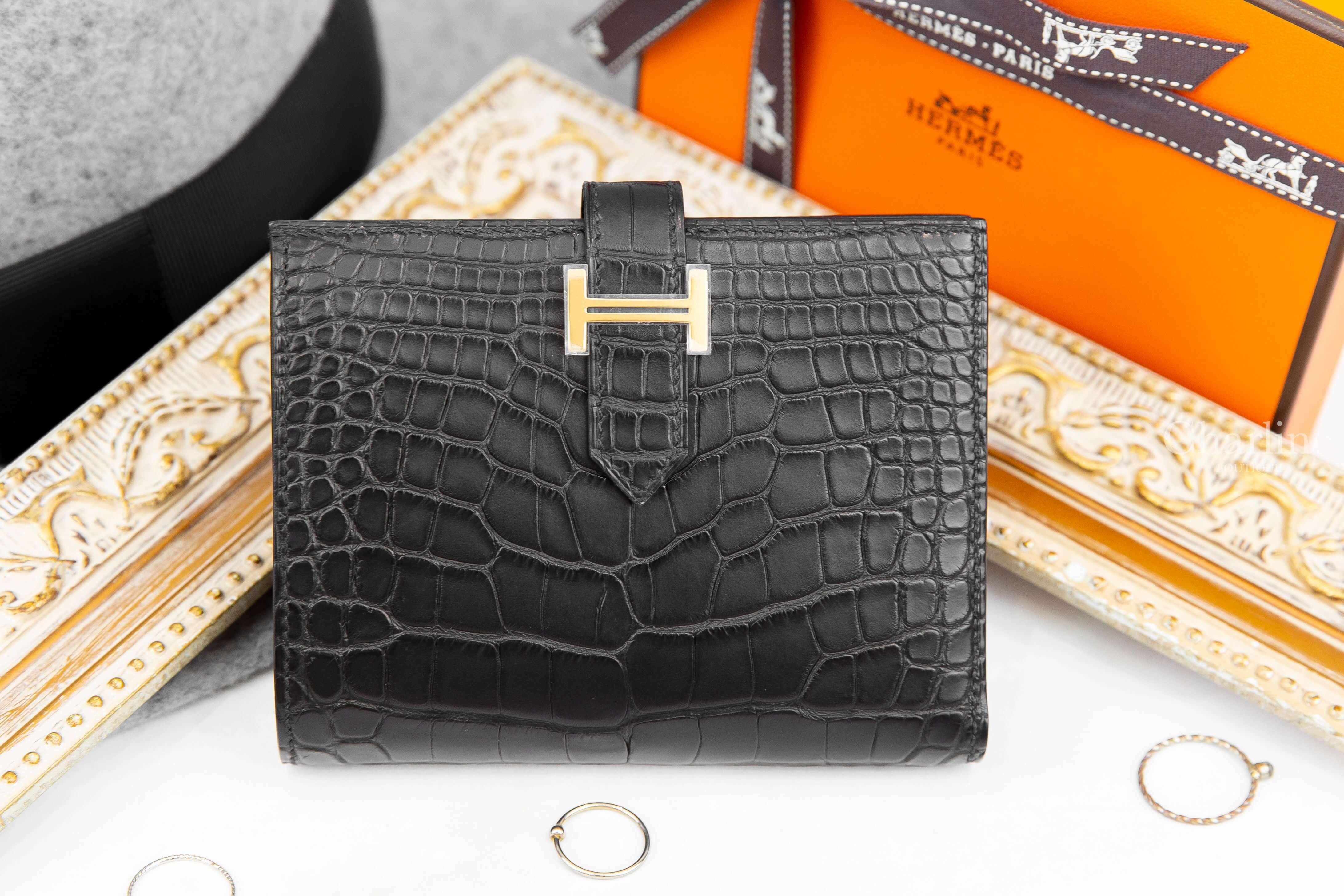 Hermès Bearn Wallet 89 Noir 黑色霧面方塊鱷魚金釦短夾