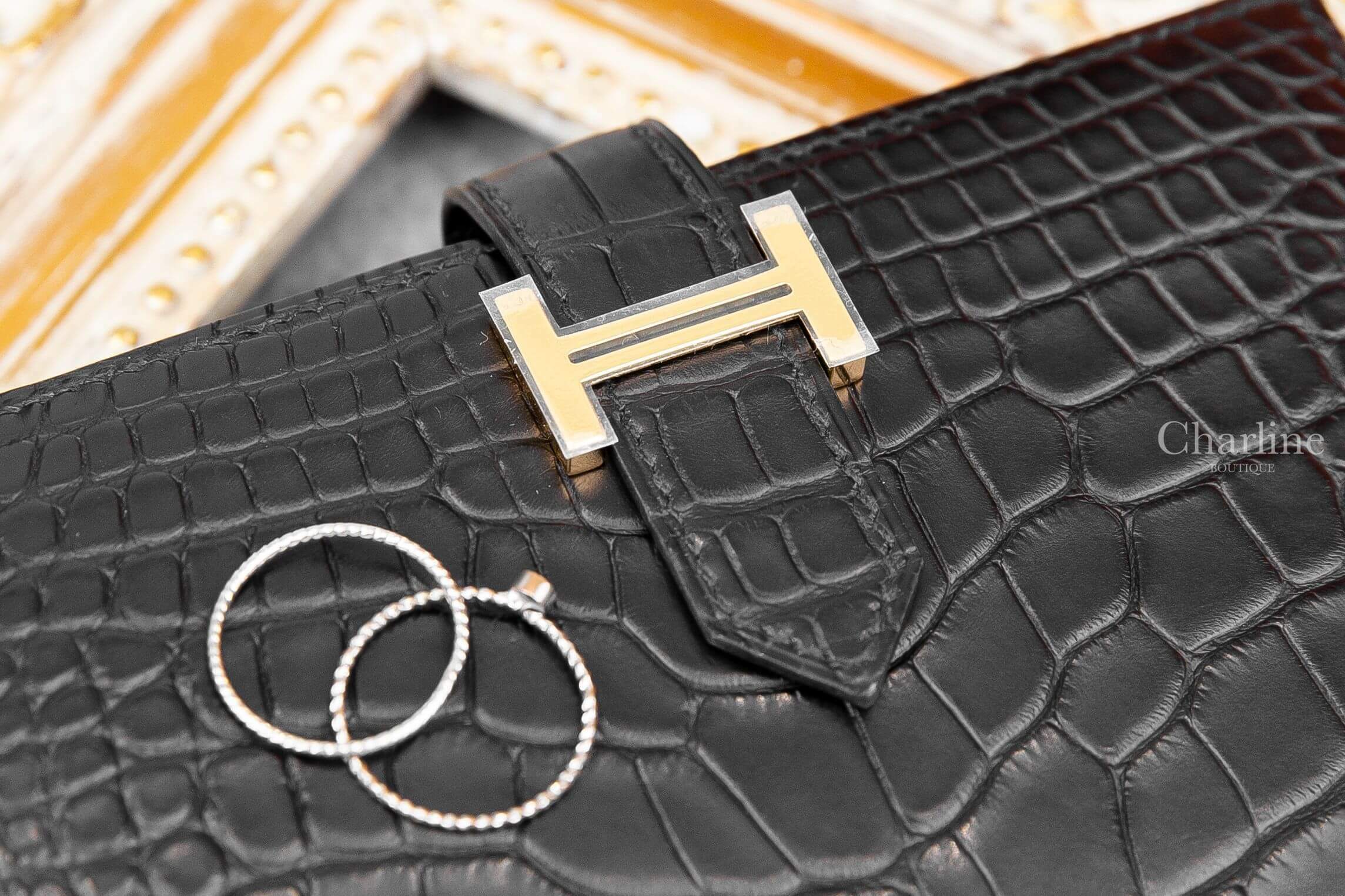 Hermès Bearn Wallet 89 Noir 黑色霧面方塊鱷魚金釦短夾