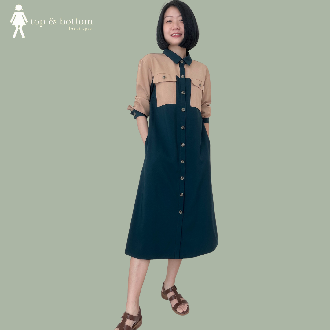 TWO TONE L/SLEEVE BUTTON DRESS