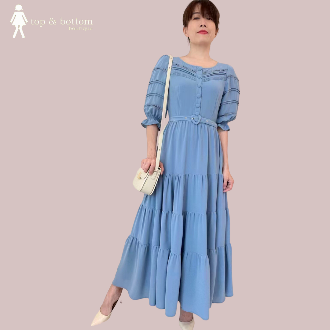 MID PUFF SLEEVE CHIFFON LONG TIERED DRESS