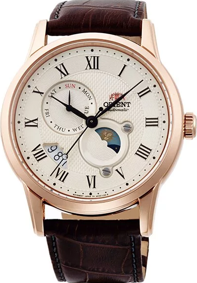 萬年鐘錶 - 東方錶  ORIENT  玫瑰金框月象機械皮革男錶  RA-AK0007S  錶徑 42.5mm