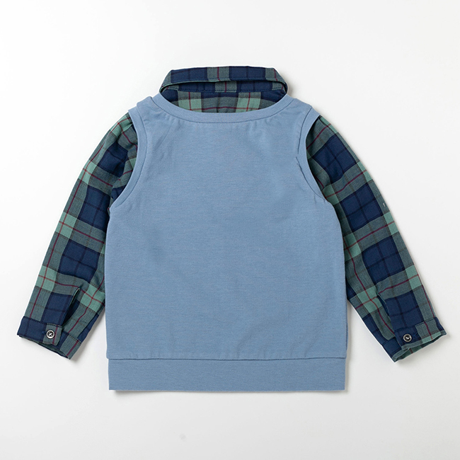 PIPPY經典格紋翻領彈性棉假兩件長袖上衣 藍