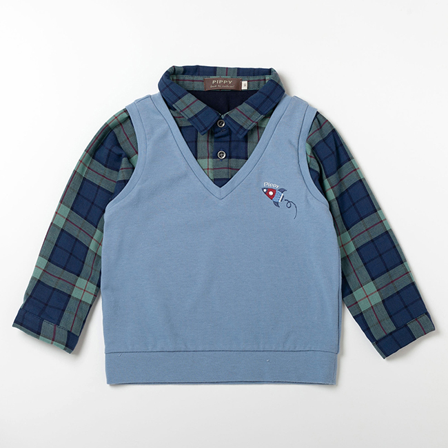 PIPPY經典格紋翻領彈性棉假兩件長袖上衣 藍