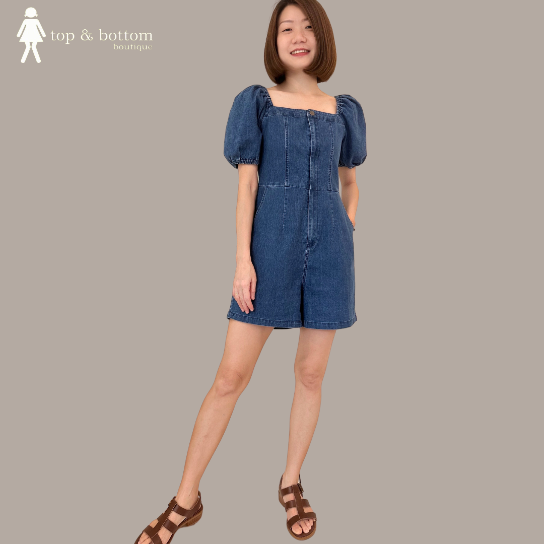 PUFFY SLEEVE DENIM SHORT JUMPSUIT