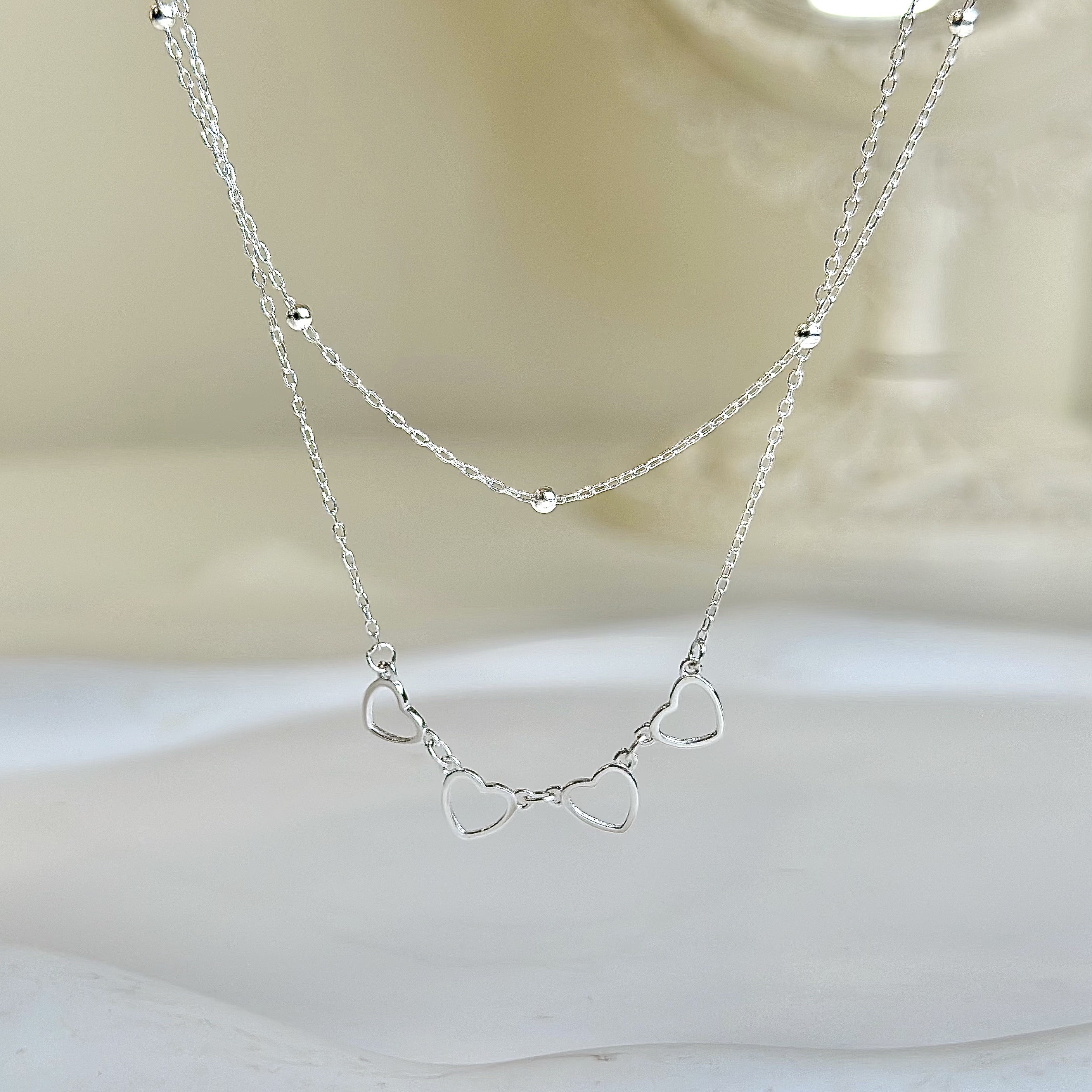 甜蜜．鏤空愛心雙層純銀鎖骨鏈