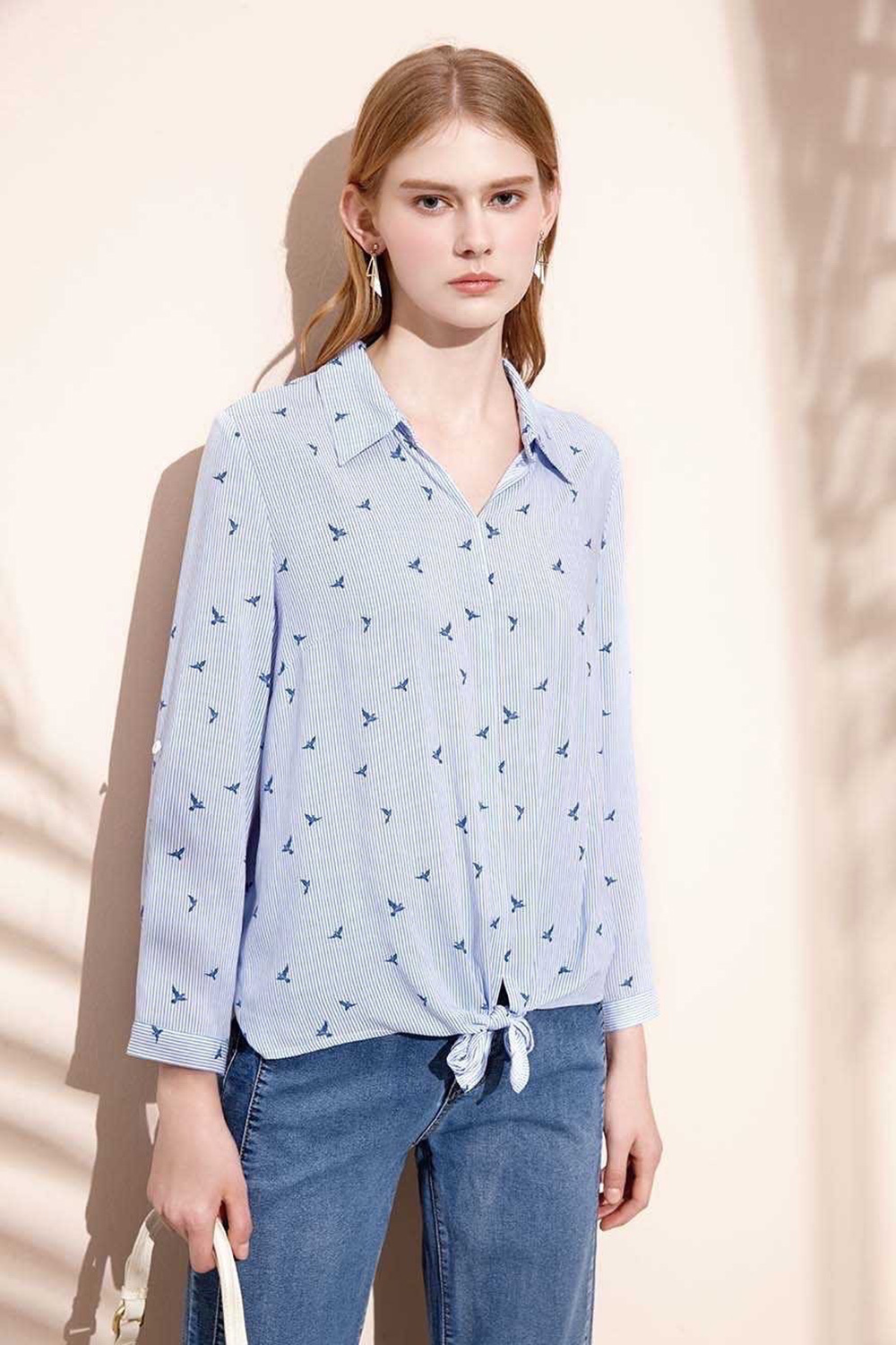 OL條紋小鳥印花休閒綁結修身上衣S6361