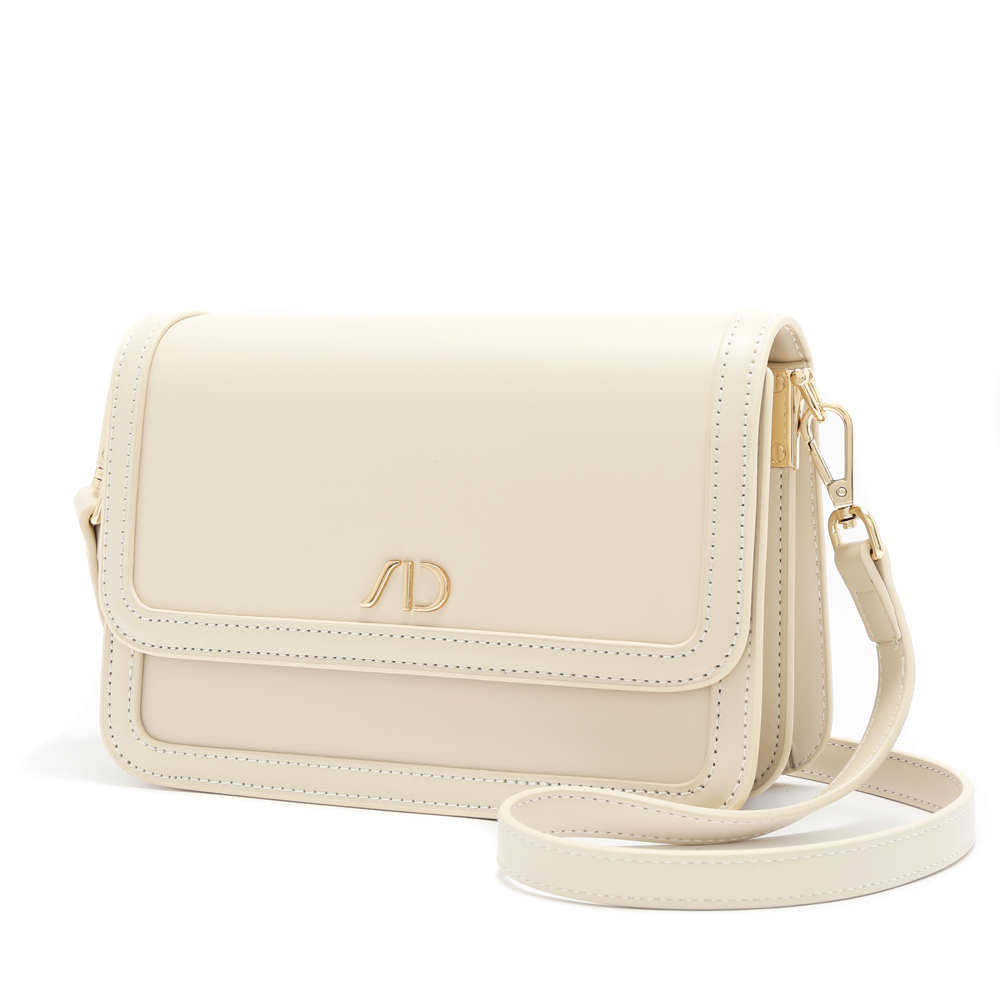 法式滾邊拼接撞色斜背包 奶昔白