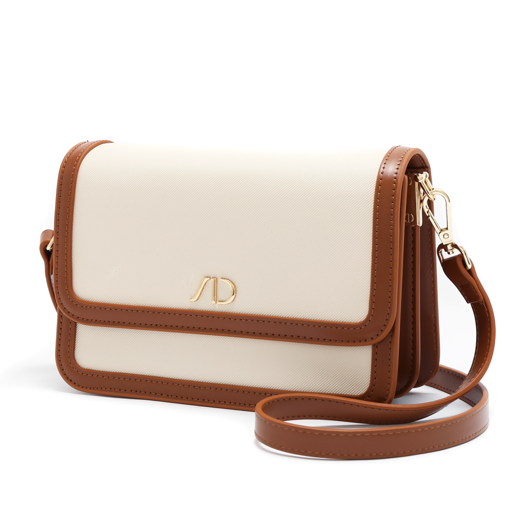 法式滾邊拼接撞色斜背包 咖啡牛奶