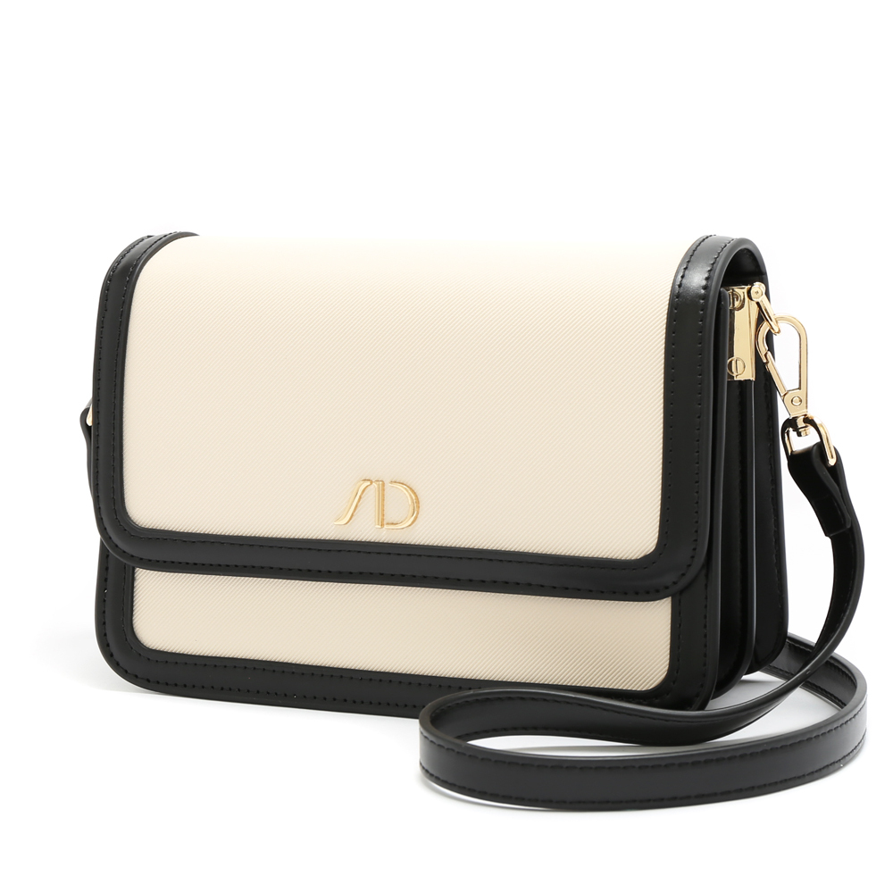 法式滾邊拼接撞色斜背包 經典黑