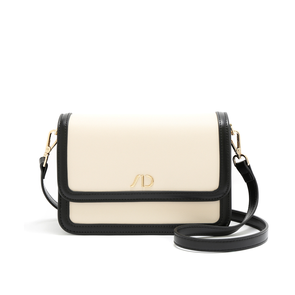 法式滾邊拼接撞色斜背包 經典黑