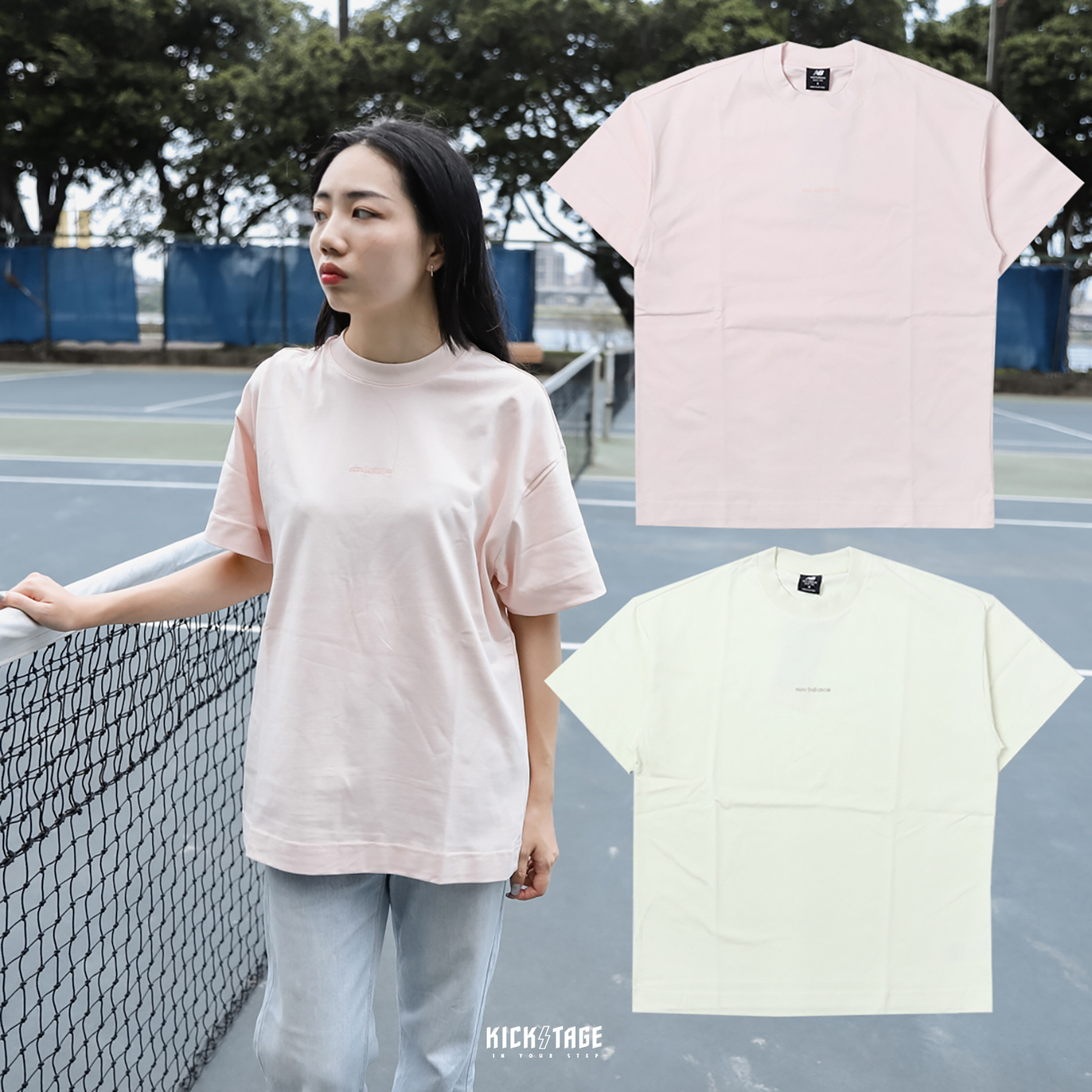**特價商品售出不退換**女款 NEW BALANCE TEE 檸檬黃 粉色 刺繡字樣 LOGO 寬版 厚磅 休閒 短T【AWT33557POU】