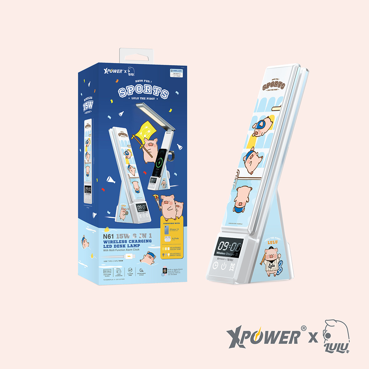 XPower x 罐頭豬Lulu🐷 N61 6合1無線充電LED檯燈鬧鐘