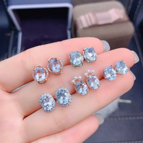 925銀耳環 天然極美全淨海藍寶