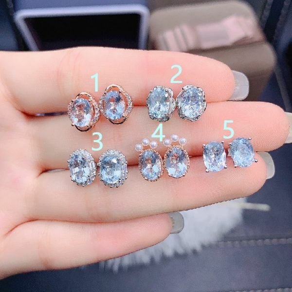 925銀耳環 天然極美全淨海藍寶