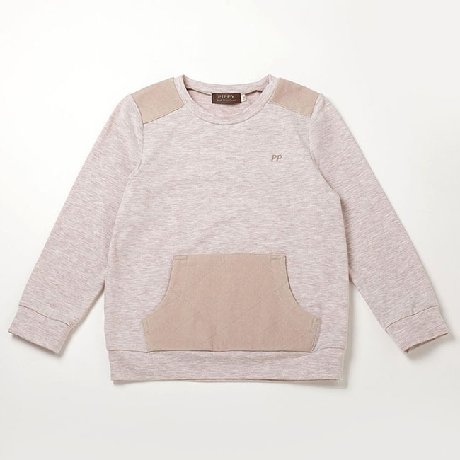 PIPPY 素雅圓領剪接袋口彈性棉長袖上衣 米