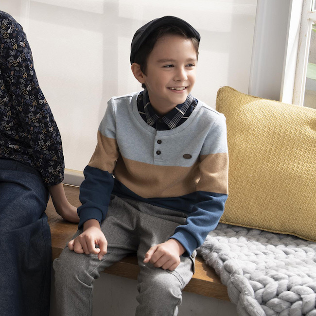 PIPPY 格紋翻領彈性棉假條紋兩件長袖上衣 藍