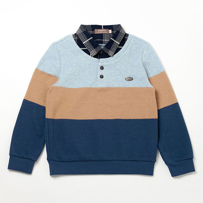 PIPPY 格紋翻領彈性棉假條紋兩件長袖上衣 藍