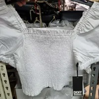 [S] DKNY SMOCKED PUFF SLEEVE TOP,WHITE, E2DSGHZG-WHITE (SD636)