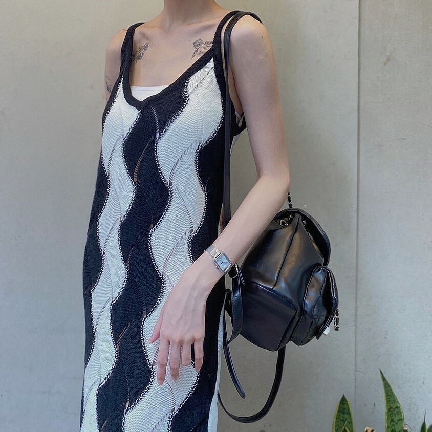 波紋黑白針織後衩洋裝/單一色