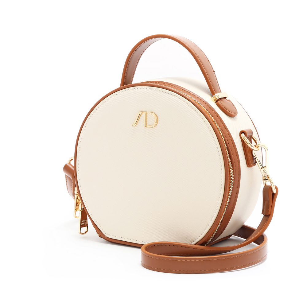 法式滾邊拼接撞色圓餅包 咖啡牛奶