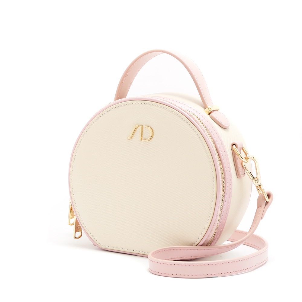 法式滾邊拼接撞色圓餅包 粉紅色