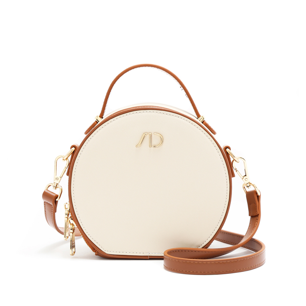 法式滾邊拼接撞色圓餅包 咖啡牛奶