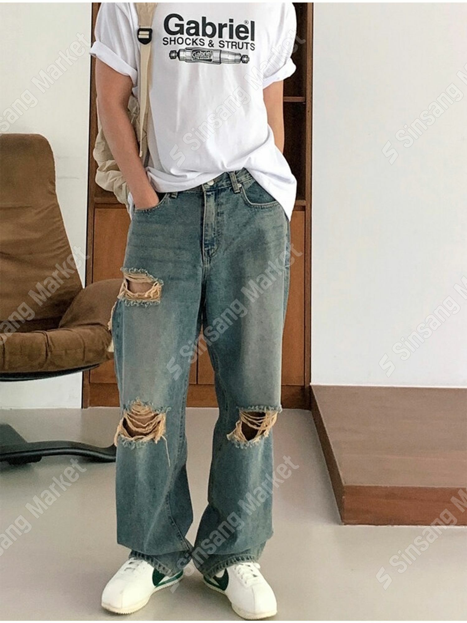 破洞格紋寬鬆牛仔褲