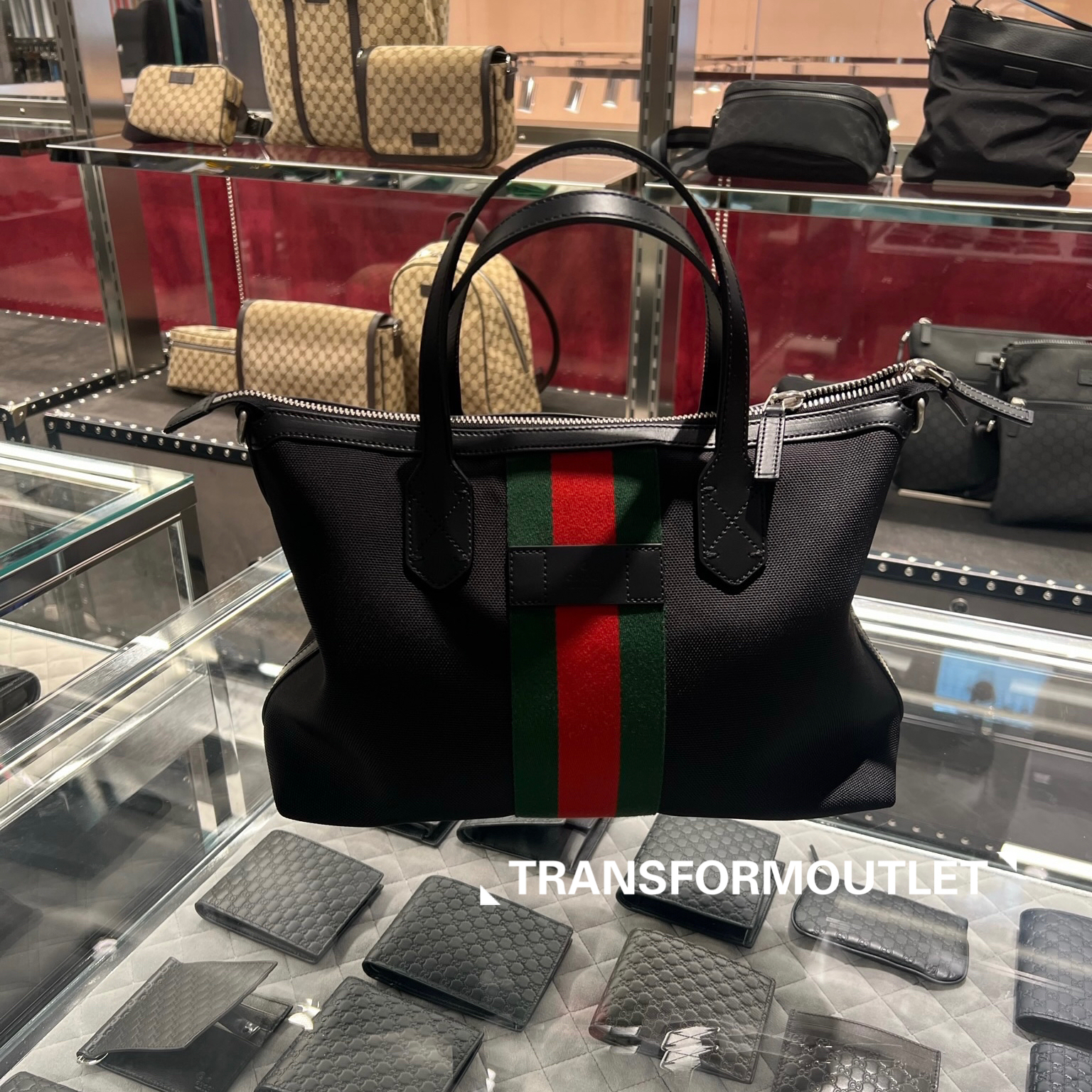 Gucci Bag-古馳經典紅綠間條斜跨托特包 - Black